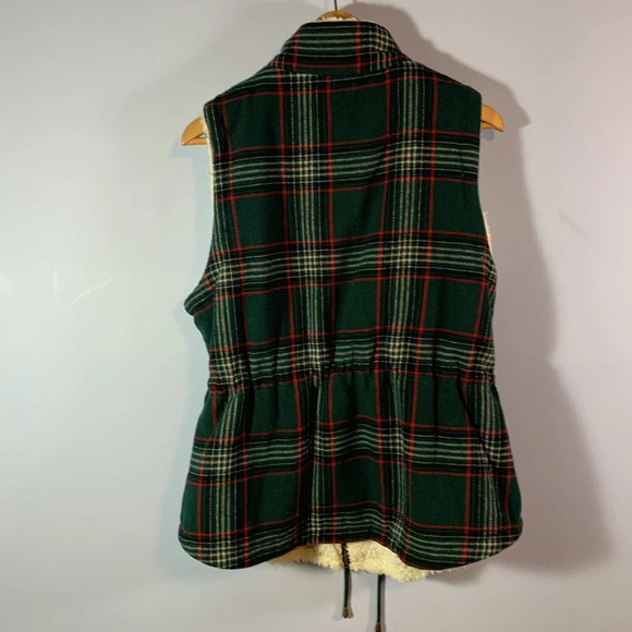 Maurice’s wool blend sherpa lined green tartan plaid fuzzy soft warm vest cinch - Picture 5 of 12
